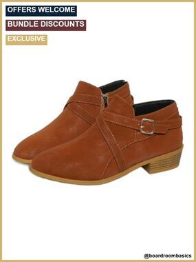 Faux Leather Buckle Strap Chunky Heel Ankle Boots with Side Zipper Round Toe
